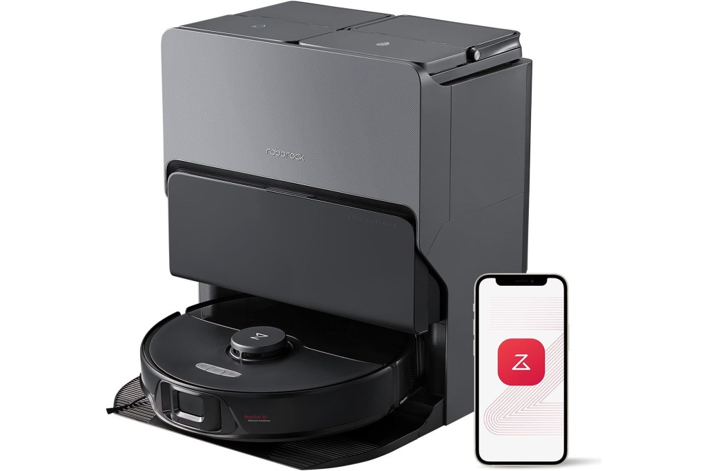 A robotic vacuum cleaner, the Roborock S8 Max Ultra, next to a phone